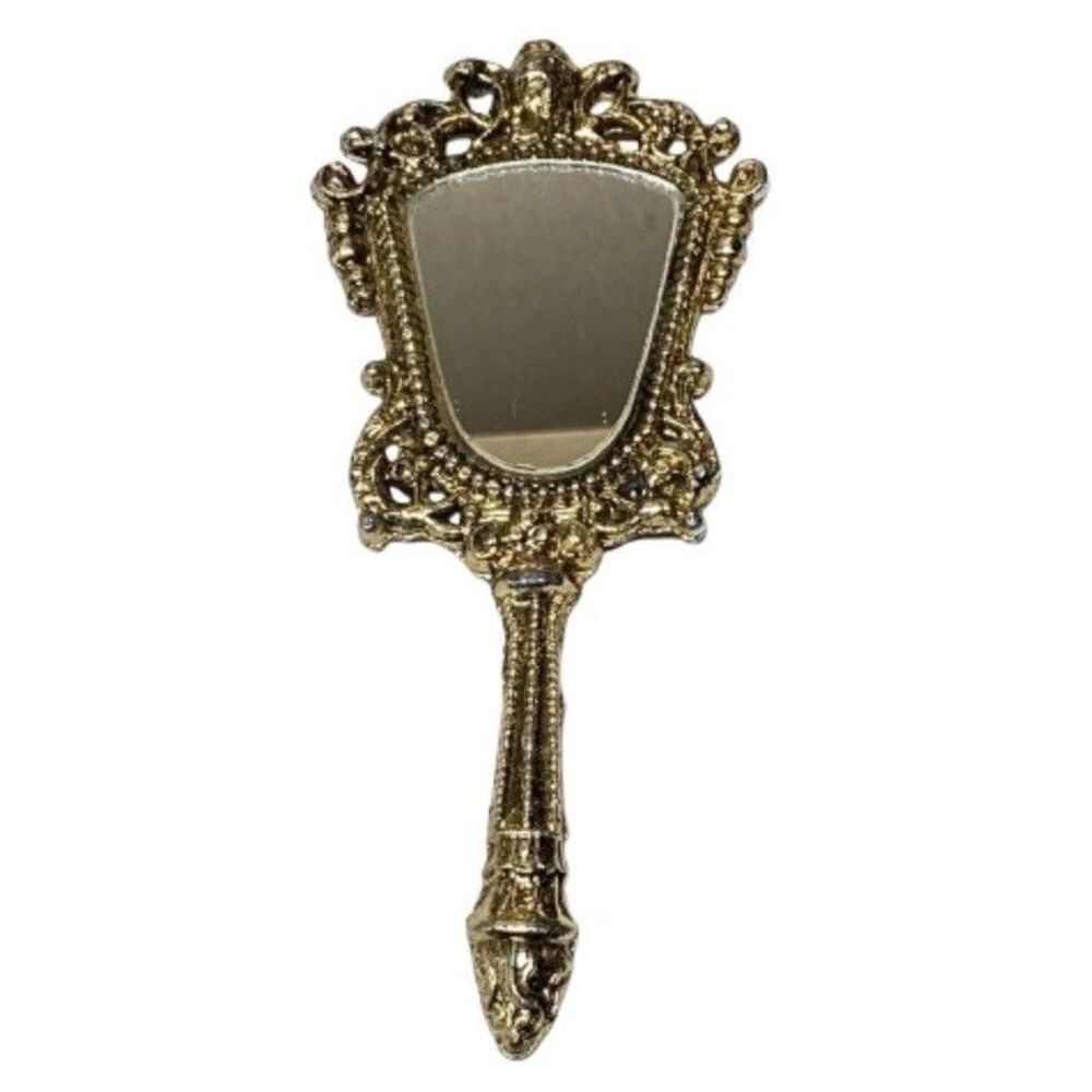 Vintage Ornate Miniature Hand Mirror Good Tone 4.5” Vanity Purse Size Victorian